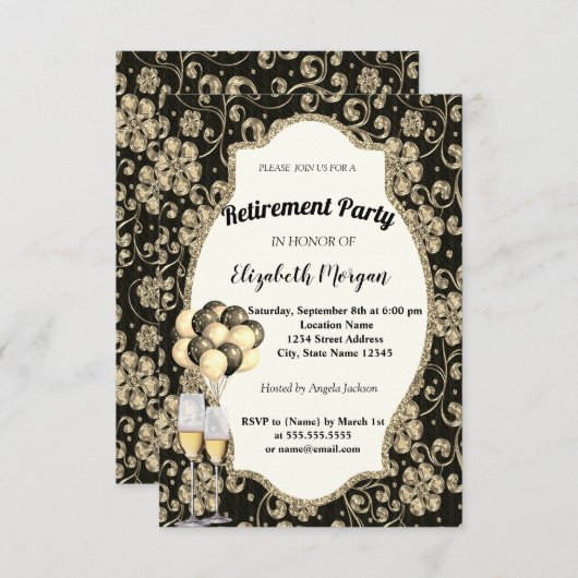 金ゴールド花ワイングラス、風船、退職パーティー 招待状 (正面/裏面)