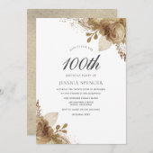 金ゴールド花女性メンズ100誕生日招待状 招待状 (正面/裏面)