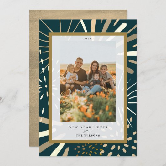 金ゴールド花火の夜空2写真新年 シーズンカード (正面/裏面)