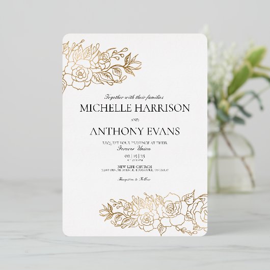 金ゴールド花箔結婚式招待状 箔招待状 (立ち正面)