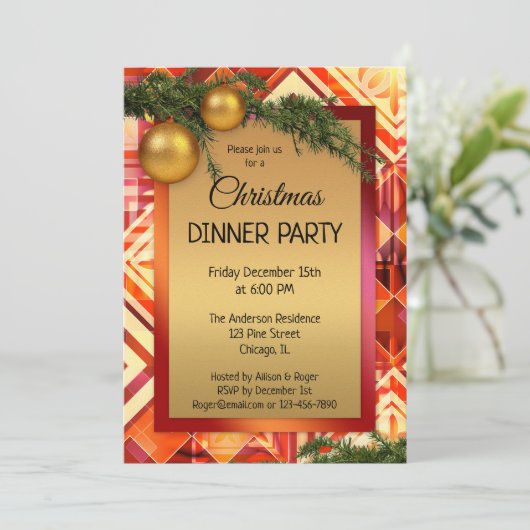 金ゴールド芸術的クリスマスディナーパーティの招待状 招待状 (スタンド正面)