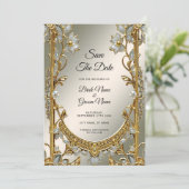 金ゴールド華美の白フローラ保存日付 セーブザデート (スタンド正面)