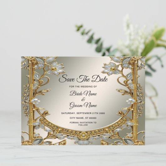 金ゴールド華美の白フローラ保存日付 セーブザデート (スタンド正面)