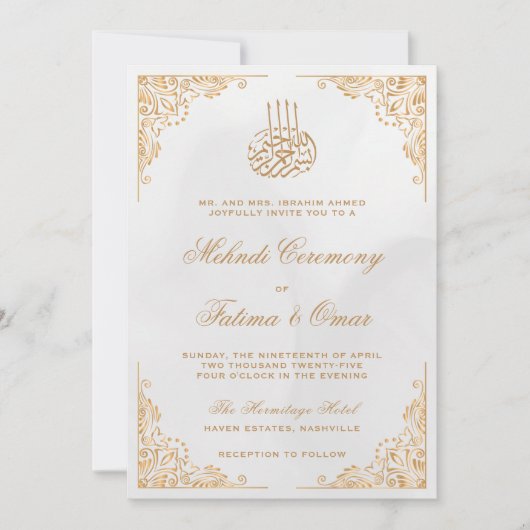 金ゴールド華美イスラムヘンナメーンディ式 招待状 (正面)