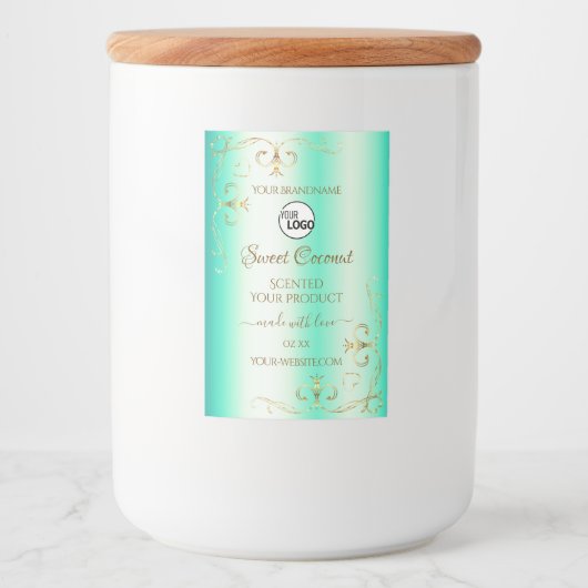 金ゴールド華美オーナメント製品ラベルのロゴ付きティール（緑がかった色） フードラベル (正面)