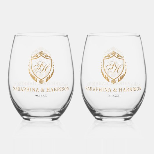 金ゴールド華美クレストモノグラ結婚ムの ステムなしワイングラス (裏面)