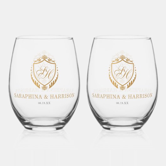 金ゴールド華美クレストモノグラ結婚ムの ステムなしワイングラス (正面)