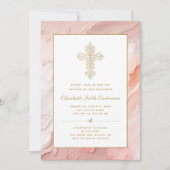金ゴールド華美クロスピーチピンクガールバプテスマ 招待状 (正面)