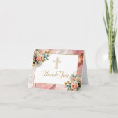 金ゴールド華美クロスピーチピンクフローラガールバプテスマ サンキューカード (正面)