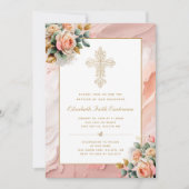 金ゴールド華美クロスピーチピンクフローラガールバプテスマ 招待状 (正面)