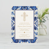 金ゴールド華美クロスブルー地中海のタイル洗礼 招待状 (スタンド正面)