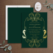 金ゴールド華美グリーンフローララインアートモノグラム結婚ズ 箔招待状