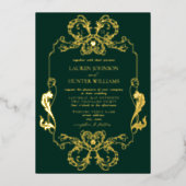 金ゴールド華美グリーンフローララインアートモノグラム結婚ズ 箔招待状 (正面)