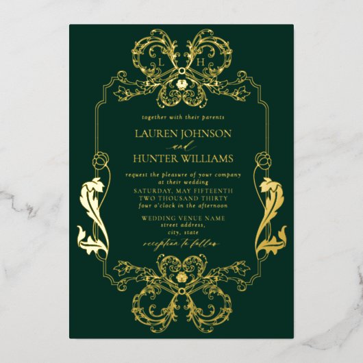 金ゴールド華美グリーンフローララインアートモノグラム結婚ズ 箔招待状 (正面)