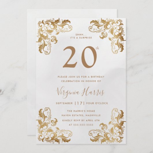 金ゴールド華美コーナクリームニ20誕生日 招待状 (正面/裏面)