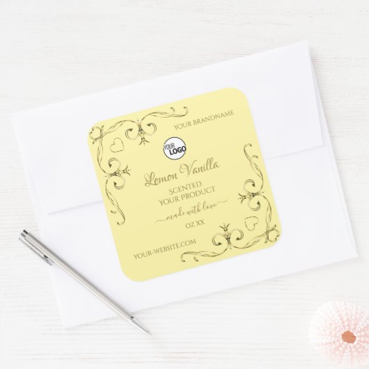 金ゴールド華美コーナークリーム製品ラベル（ロゴ付き） スクエアシール (封筒)