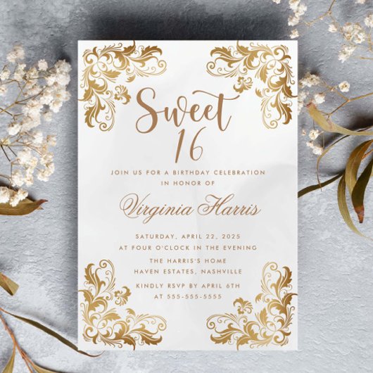 金ゴールド華美コーナークリームSweet sixteen16誕生日 招待状