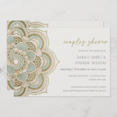 金ゴールド華美ティール(緑がかった色)マンダラカップルシャワー招待状 サンキューカード (正面/裏面)