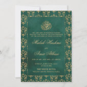 金ゴールド華美パターン緑イスラム結婚教徒 招待状 (正面)