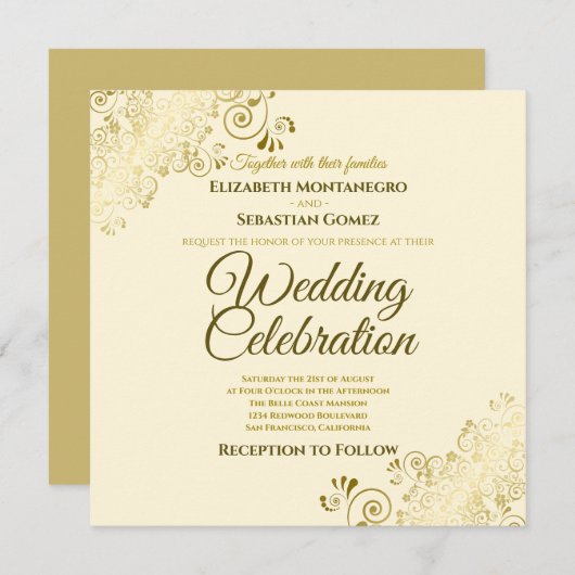 金ゴールド華美フィリエレガントグリークリームスクエア結婚ズ 招待状 (正面/裏面)