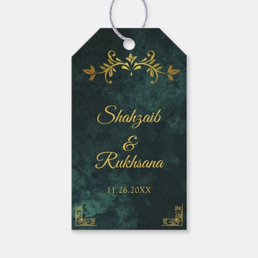 金ゴールド華美フレームエメラルドグリーンありがとうござ結婚う ギフトタグ (正面)