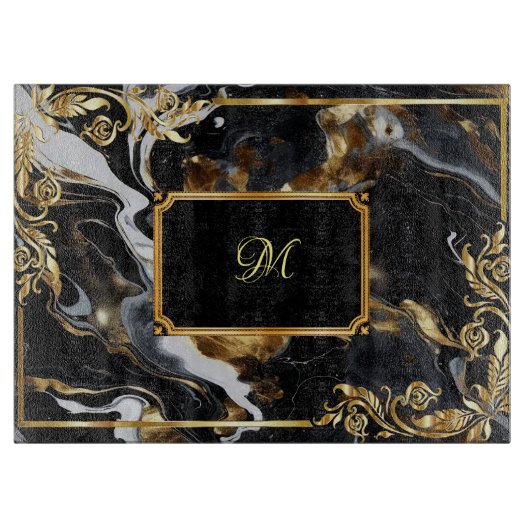 金ゴールド華美フレーム大理石ダークブルーインクモノグラム カッティングボード (正面)