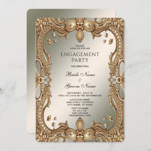 金ゴールド華美フレーム婚約招待状 招待状 (正面/裏面)