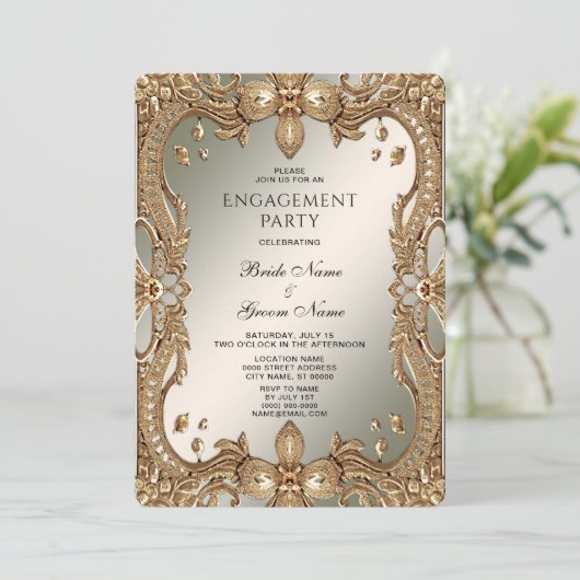 金ゴールド華美フレーム婚約招待状 招待状 (スタンド正面)