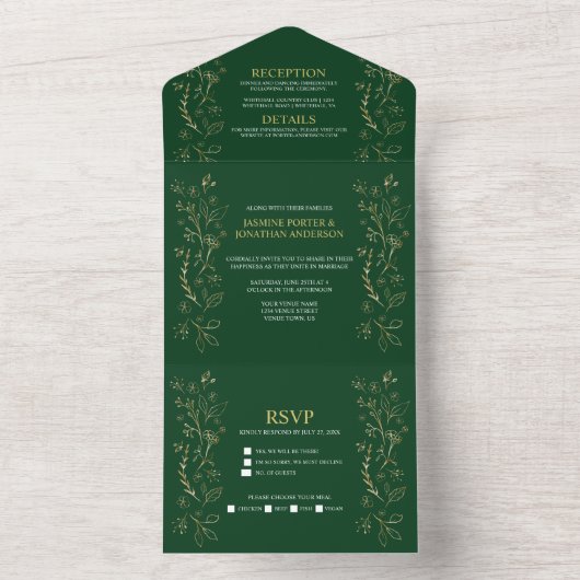 金ゴールド華美フローラがダークグリーンの上で渦を結婚巻く | オールインワン招待状 (内側)