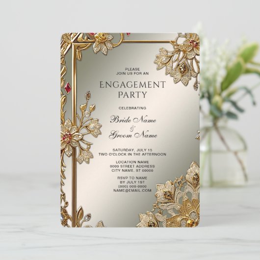 金ゴールド華美フローラフレーム婚約招待状 招待状 (スタンド正面)