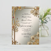 金ゴールド華美フローラフレーム結婚式招待状 招待状 (スタンド正面)