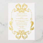 金ゴールド華美フローララインアートモノグラ結婚ムの箔 箔招待状 (正面)