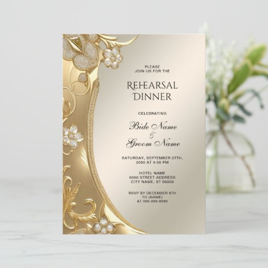 金ゴールド華美フローラリハーサルディナー招待状 招待状 (スタンド正面)