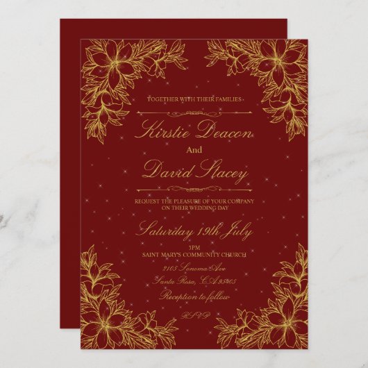 金ゴールド華美フローラ結婚式招待状 招待状 (正面/裏面)