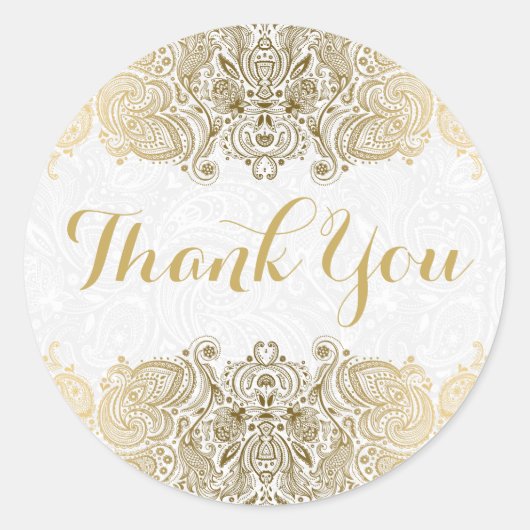金ゴールド華美ペイズリーの白い背景 ラウンドシール (正面)