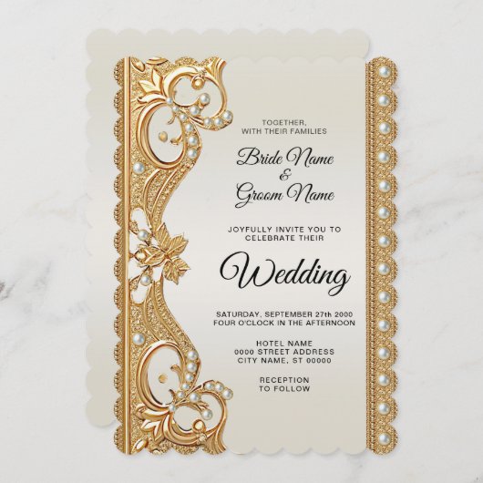 金ゴールド華美ホワイトパール結婚式招待状 招待状 (正面/裏面)