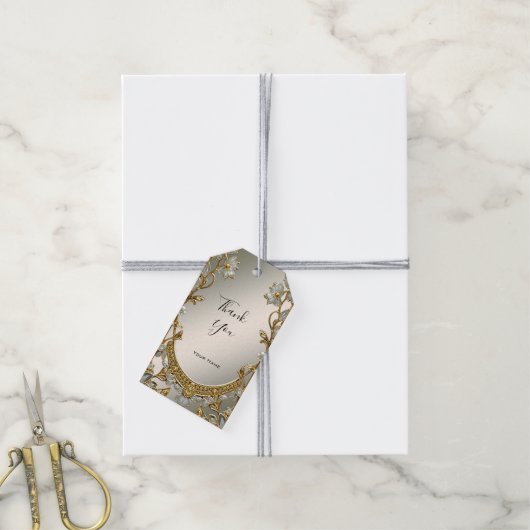 金ゴールド華美ホワイトフローラギフトラベル ギフトタグ (より糸付き)