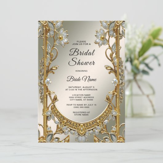 金ゴールド華美ホワイトフローラブライダルシャワー 招待状 (スタンド正面)
