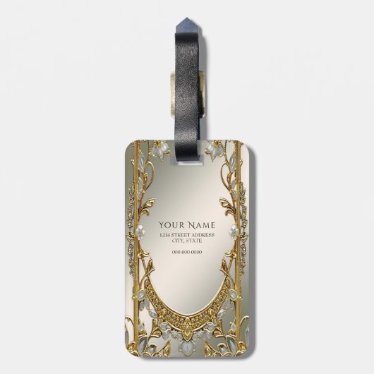 金ゴールド華美ホワイトフローララゲージタグ ラゲッジタグ (裏面縦)