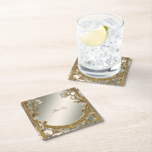 金ゴールド華美ホワイトフローラ紙コースター スクエアペーパーコースター (インサイチュ)