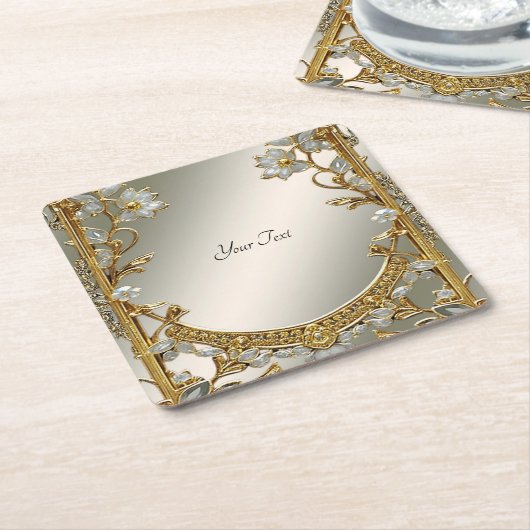金ゴールド華美ホワイトフローラ紙コースター スクエアペーパーコースター (アングル)