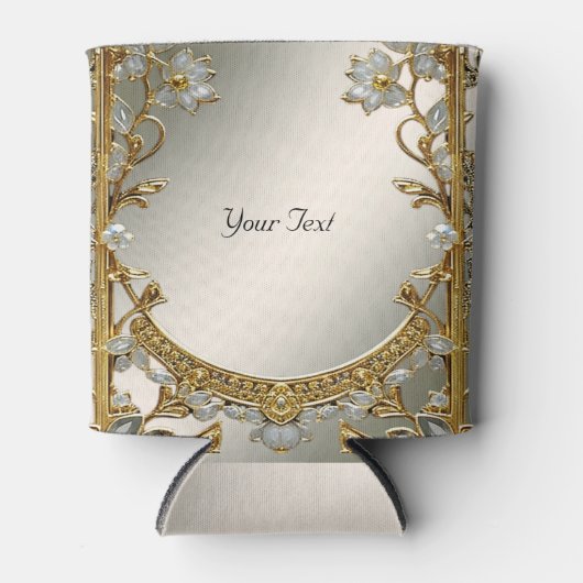 金ゴールド華美ホワイトフローラ結婚式の引き出物クーラーボックス 缶クーラー (正面)