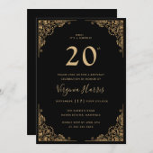 金ゴールド華美縁どブラック20誕生日 招待状 (正面/裏面)