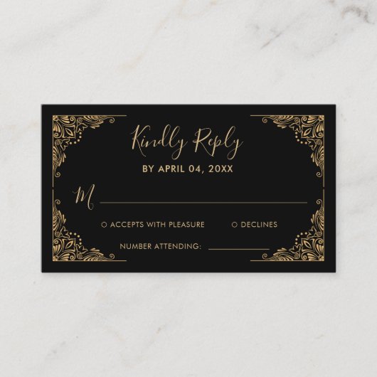 金ゴールド華美縁どブラックSweet 16誕生日RSVP エンクロージャーカード (正面)