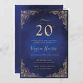 金ゴールド華美縁どブルー20誕生日 招待状 (正面/裏面)