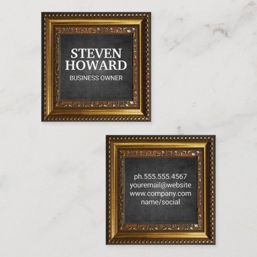 金ゴールド華美縁ど | 黒のテクスチャ スクエア名刺 (正面/裏面)