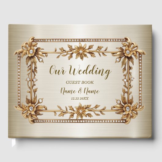 金ゴールド華美長方形ディモンド花シャイニーエレガント ゲストブック (正面)
