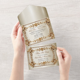 金ゴールド華美長方形ディモンド花シャイニー結婚ズ オールインワン招待状