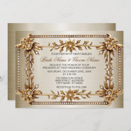 金ゴールド華美長方形ディモンド花シャイニー結婚ズ 招待状 (正面/裏面)