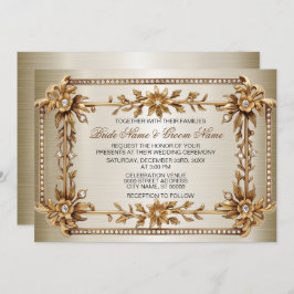 金ゴールド華美長方形ディモンド花シャイニー結婚ズ 招待状